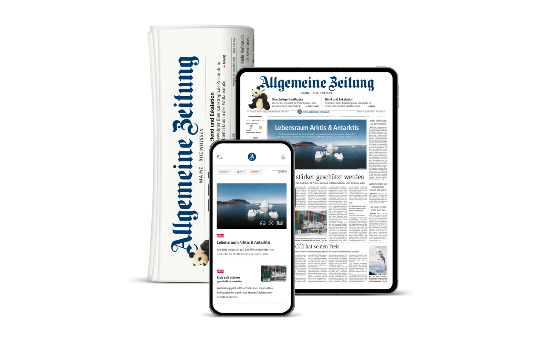Print und Digital Mockups der Tageszeitung "Allgemeine Zeitung" (Zeitung, Tablet, Smartphone)