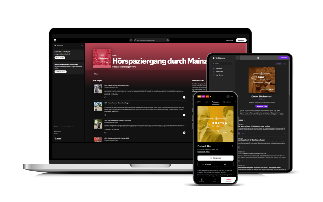 Digitale Mockups von Podcasts (Smartphone, Tablet, Laptop)