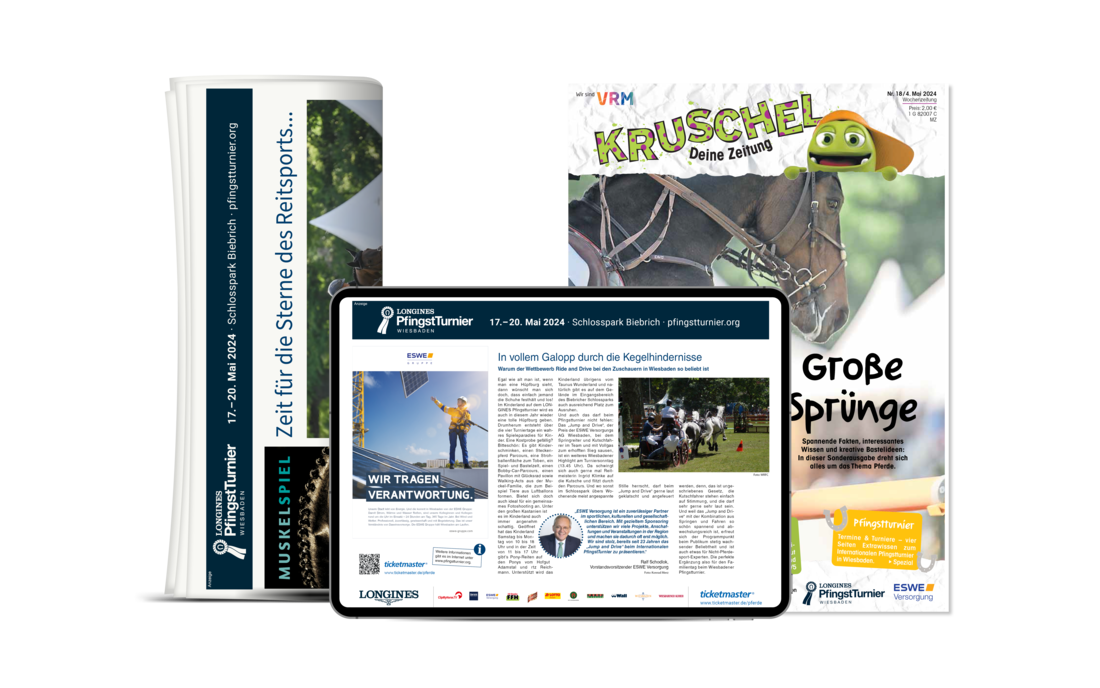 Darstellung von Mockups eines Magazins, einer Zeitung und einem digitalen Artikel auf einem Tablet.