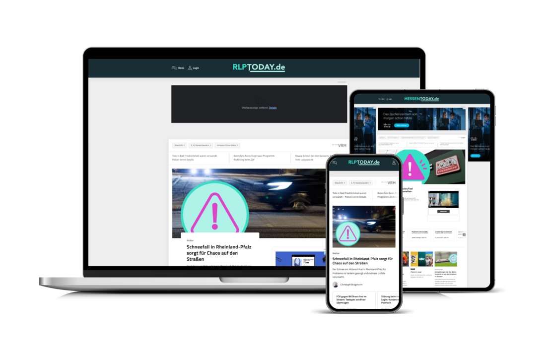 Digitale Mockups des Nachrichtenportals "Today" (Smartphone, Tablet, Laptop)