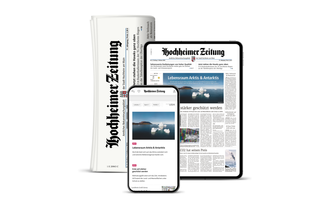 Print und Digital Mockups der Tageszeitung "Hochheimer Zeitung" (Zeitung, Tablet, Smartphone)