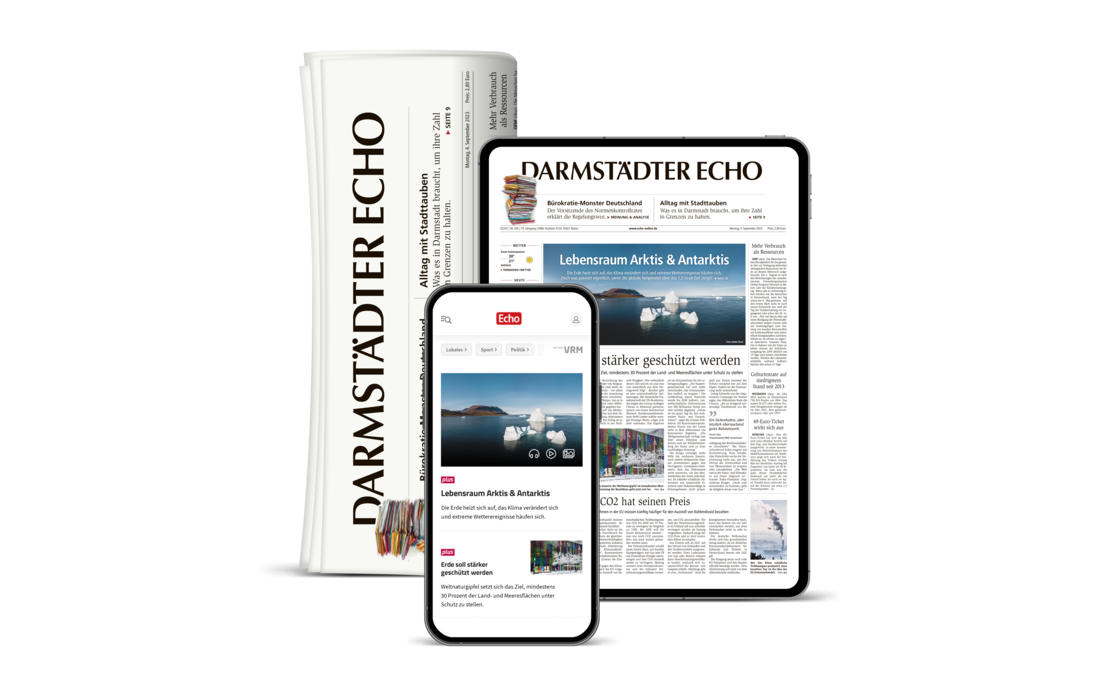 Print und Digital Mockups der Tageszeitung "Darmstädter Echo" (Zeitung, Tablet, Smartphone)