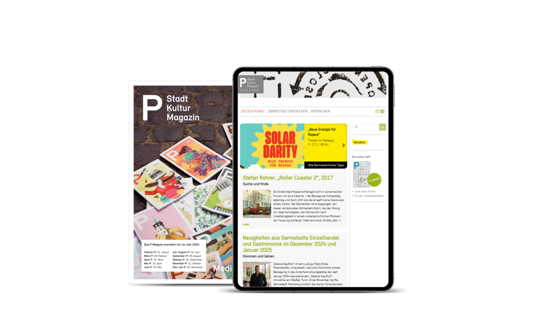 Mockup des P Stadtkulturmagazins in Print & Digital (Tablet)