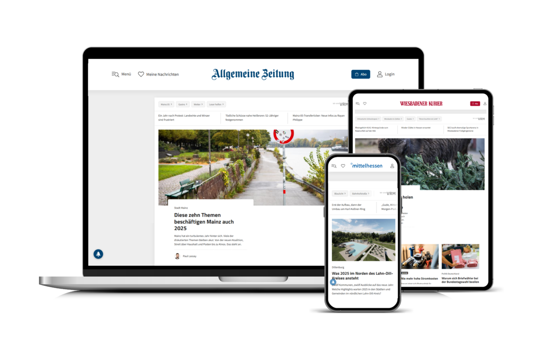 Digitale Mockups von Nachrichtenportalen (Smartphone, Tablet, Laptop)