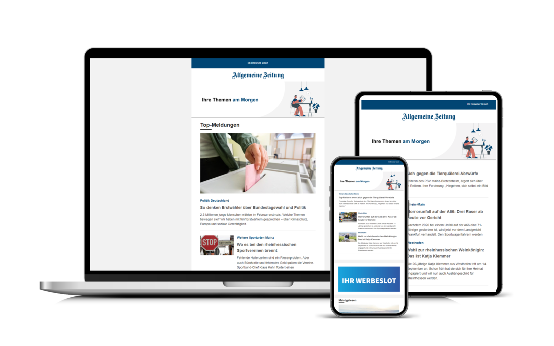 Digitale Mockups von Newslettern (Smartphone, Tablet, Laptop)