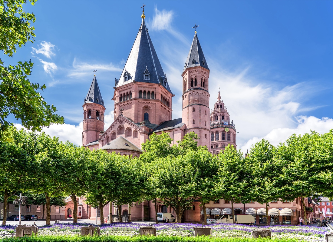 Der Mainzer Dom, ein großes Gebäude mit mehreren Türmen, umgeben von grünen Bäumen.