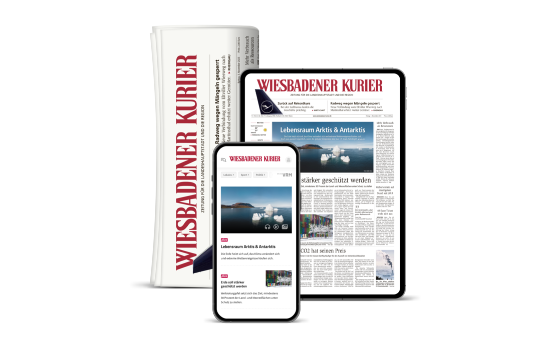 Print und Digital Mockups der Tageszeitung "Wiesbadener Kurier" (Zeitung, Tablet, Smartphone)