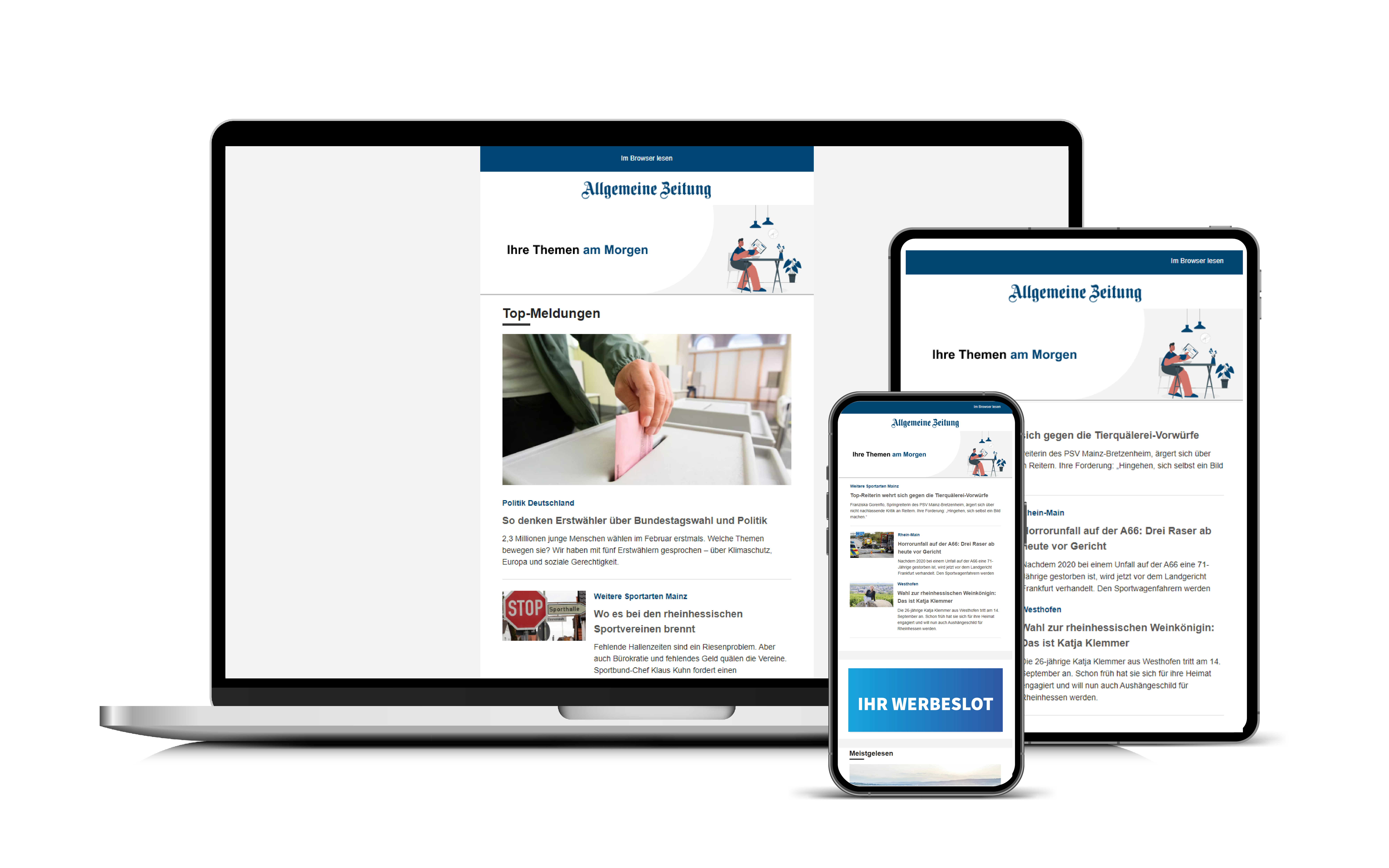Digitale Mockups von Newslettern (Smartphone, Tablet, Laptop)