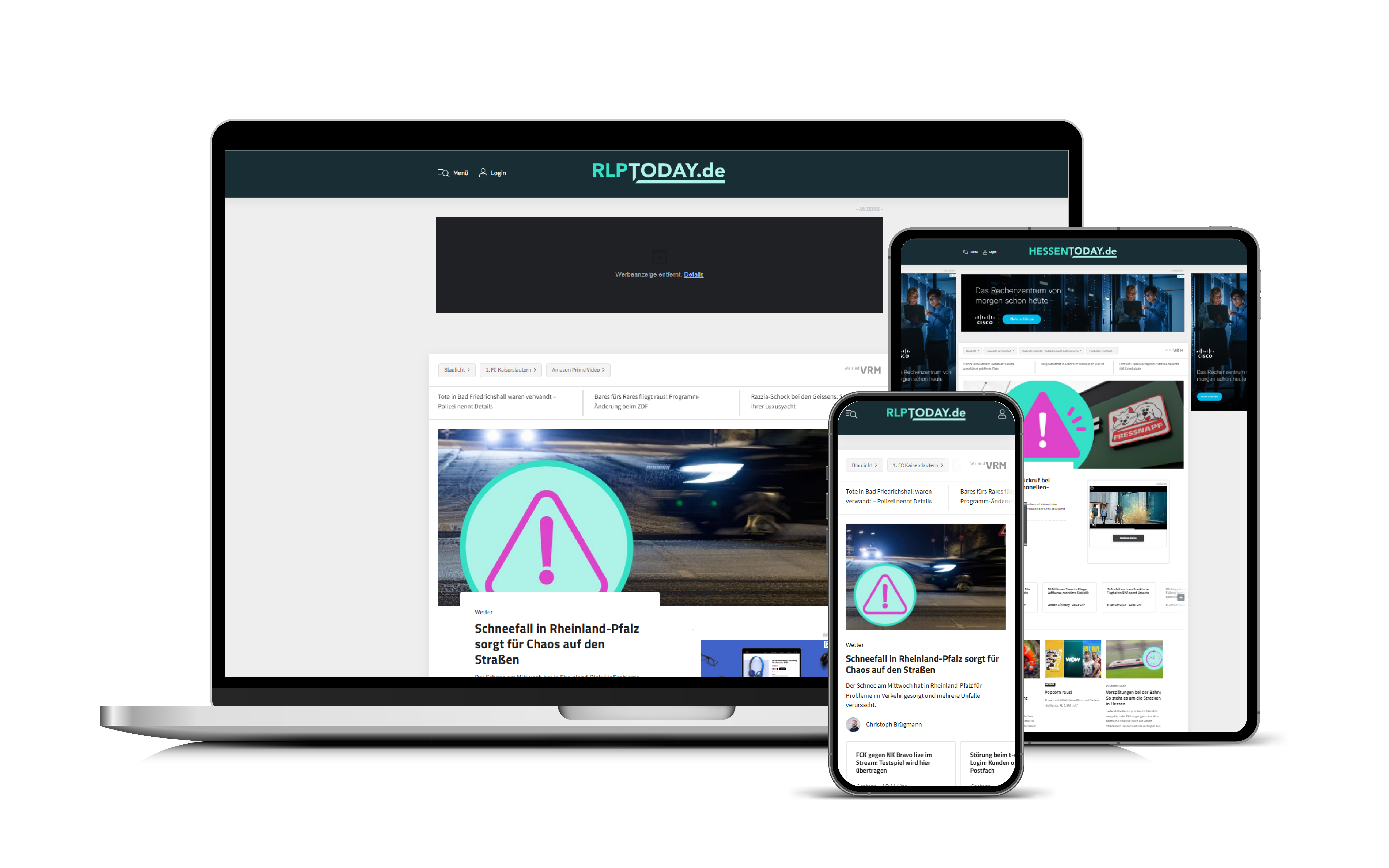 Digitale Mockups des Nachrichtenportals "Today" (Smartphone, Tablet, Laptop)
